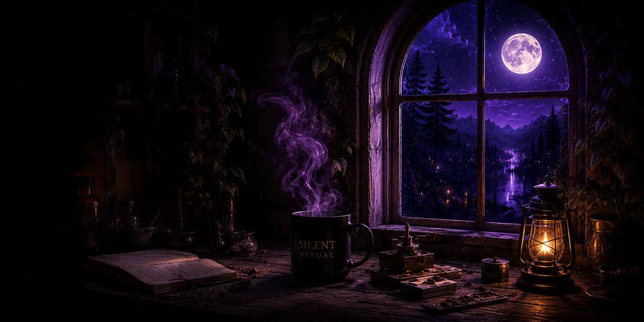 Un tavolo, una tazza e una finestra aperta sul paesaggio notturno viola di Silent Ritual